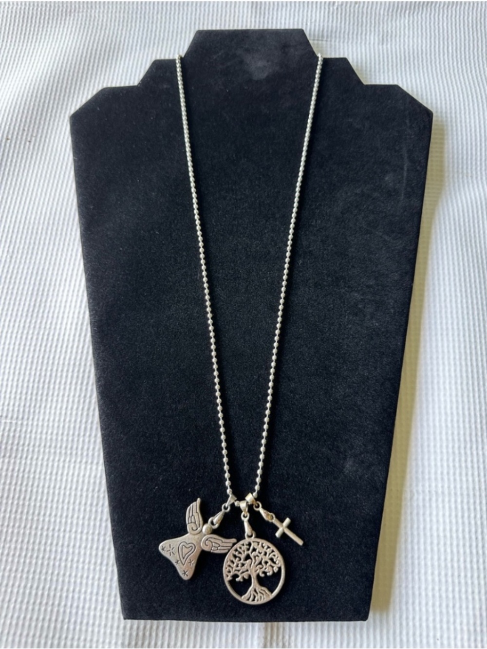 Silver Charm Pendant Necklace with Tree of Life, Winged Heart & Cross